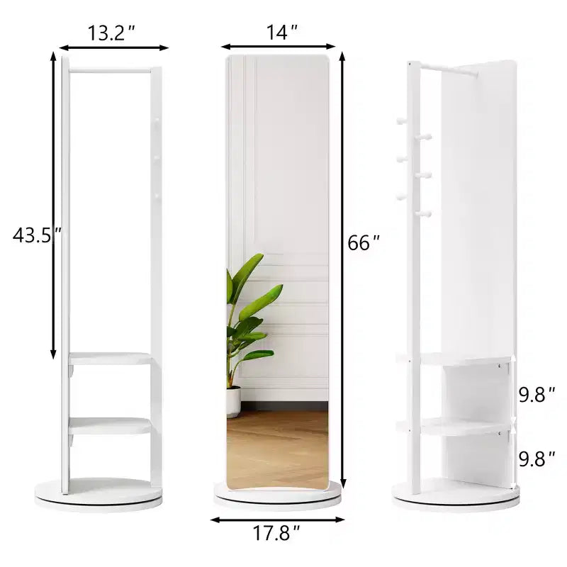Miroir pleine longueur multifonctionnel 360 rotatif 66x14 avec patère et porte-manteau, miroir en bois massif pour chambre et salon