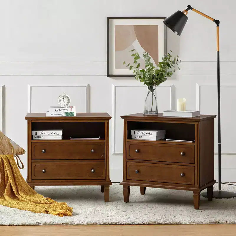 Davide 2 - Table de chevet en bois massif avec tiroir Table d'appoint de style transitionnel Lot de 2 | KARAT HOME