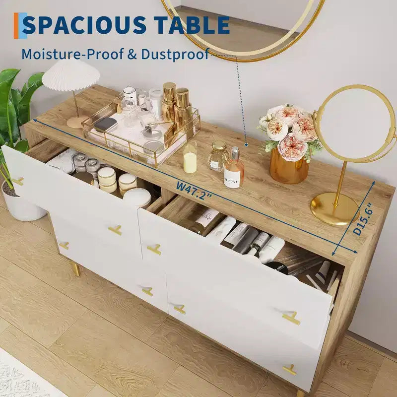 Commode à 6 tiroirs pour chambre à coucher, commode en bois de 120 cm de large avec poignées à barre, organisateur de rangement pour vêtements, meuble TV pour salon