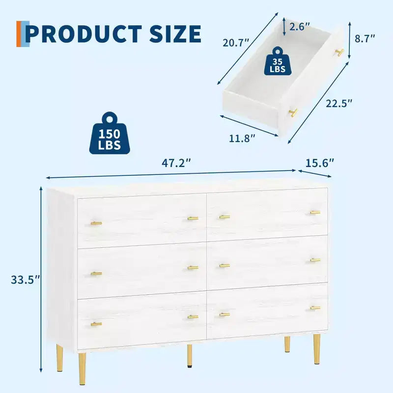 Commode à 6 tiroirs pour chambre à coucher, commode en bois de 120 cm de large avec poignées à barre, organisateur de rangement pour vêtements, meuble TV pour salon