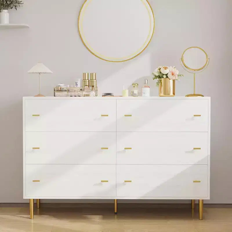 Commode à 6 tiroirs pour chambre à coucher, commode en bois de 120 cm de large avec poignées à barre, organisateur de rangement pour vêtements, meuble TV pour salon