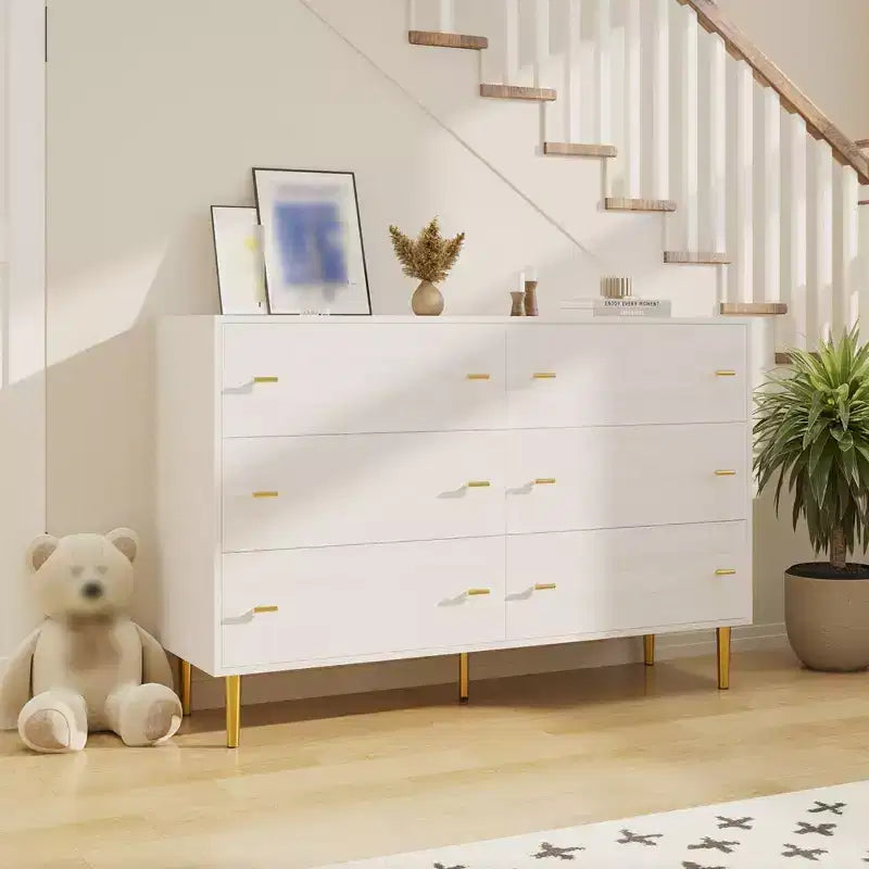 Commode à 6 tiroirs pour chambre à coucher, commode en bois de 120 cm de large avec poignées à barre, organisateur de rangement pour vêtements, meuble TV pour salon