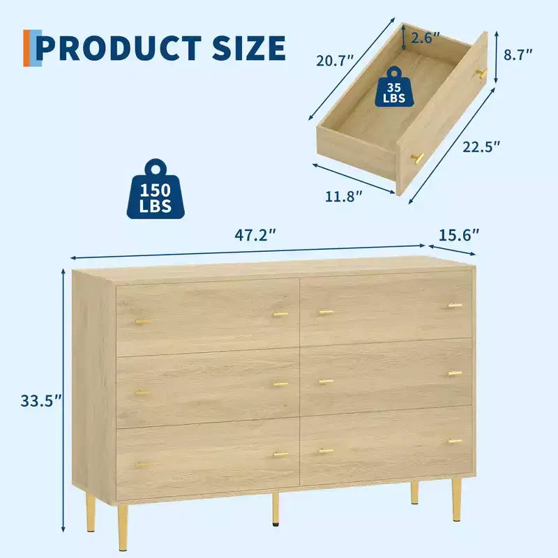 Commode à 6 tiroirs pour chambre à coucher, commode en bois de 120 cm de large avec poignées à barre, organisateur de rangement pour vêtements, meuble TV pour salon