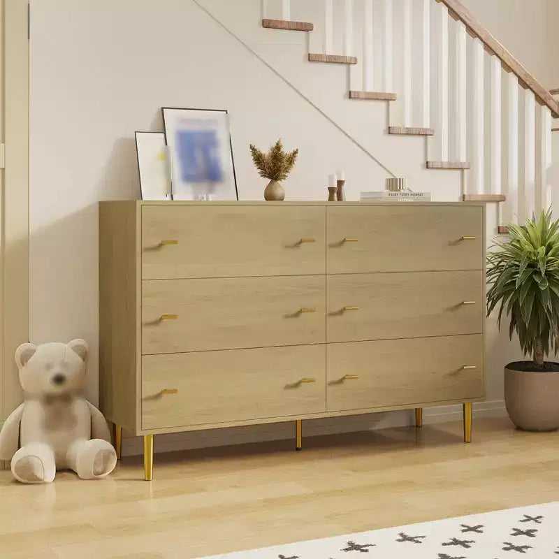 Commode à 6 tiroirs pour chambre à coucher, commode en bois de 120 cm de large avec poignées à barre, organisateur de rangement pour vêtements, meuble TV pour salon