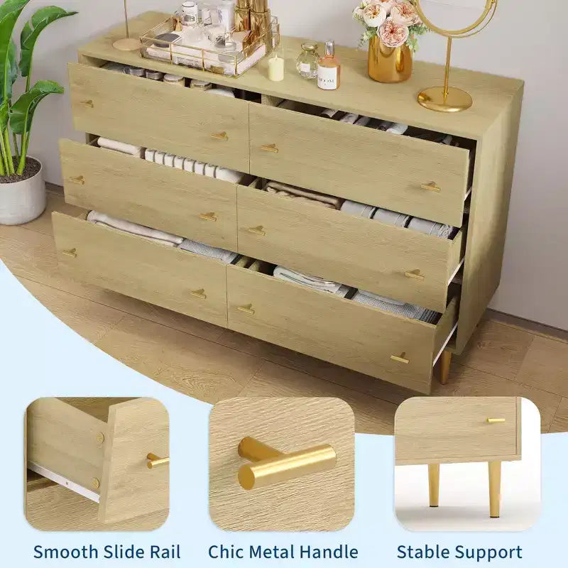 Commode à 6 tiroirs pour chambre à coucher, commode en bois de 120 cm de large avec poignées à barre, organisateur de rangement pour vêtements, meuble TV pour salon