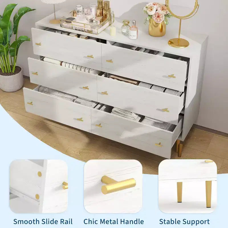 Commode à 6 tiroirs pour chambre à coucher, commode en bois de 120 cm de large avec poignées à barre, organisateur de rangement pour vêtements, meuble TV pour salon