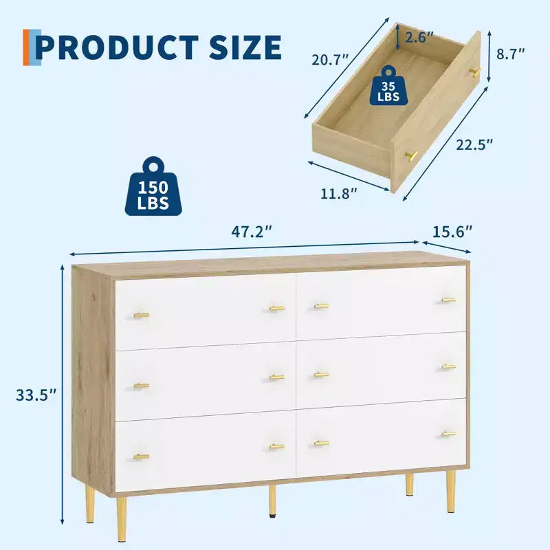 Commode à 6 tiroirs pour chambre à coucher, commode en bois de 120 cm de large avec poignées à barre, organisateur de rangement pour vêtements, meuble TV pour salon