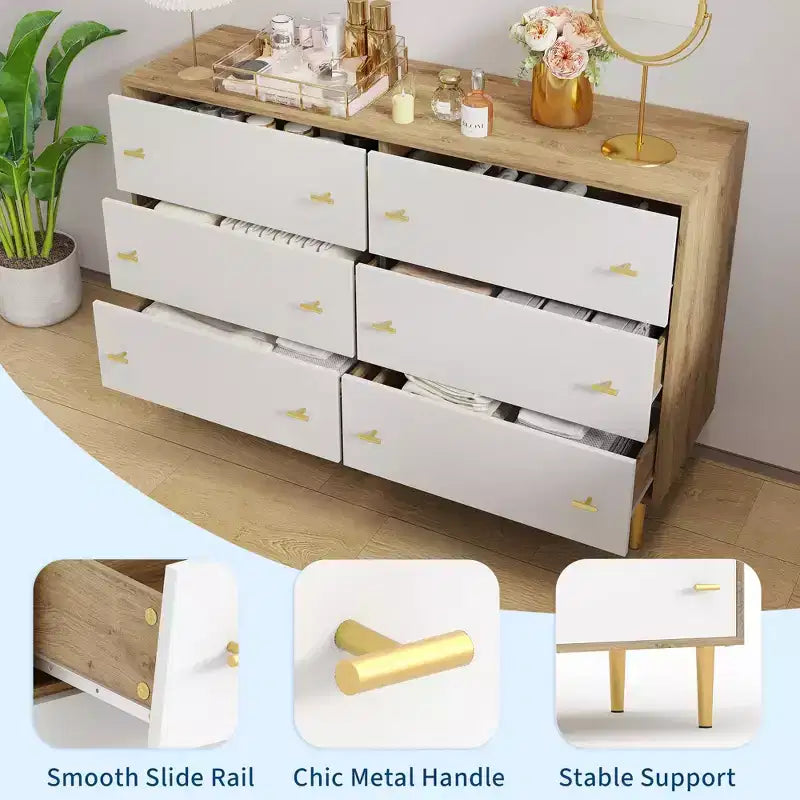 Commode à 6 tiroirs pour chambre à coucher, commode en bois de 120 cm de large avec poignées à barre, organisateur de rangement pour vêtements, meuble TV pour salon