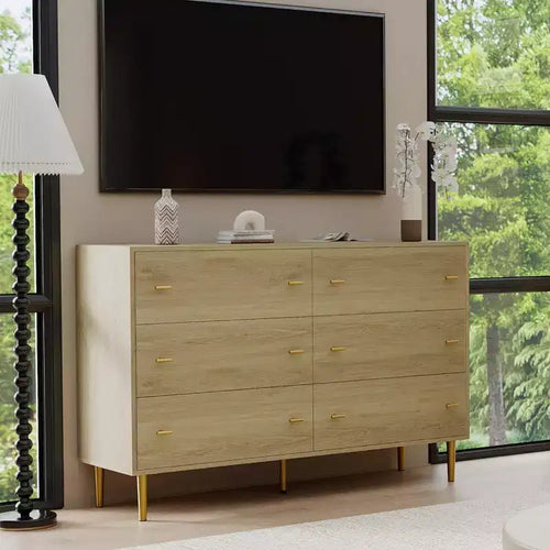 6 Drawer Dresser for Bedroom, 47W Wood Chest of Drawers with Bar Handles, Clothes Storage Organizer, Dresser TV Stand for Living Room