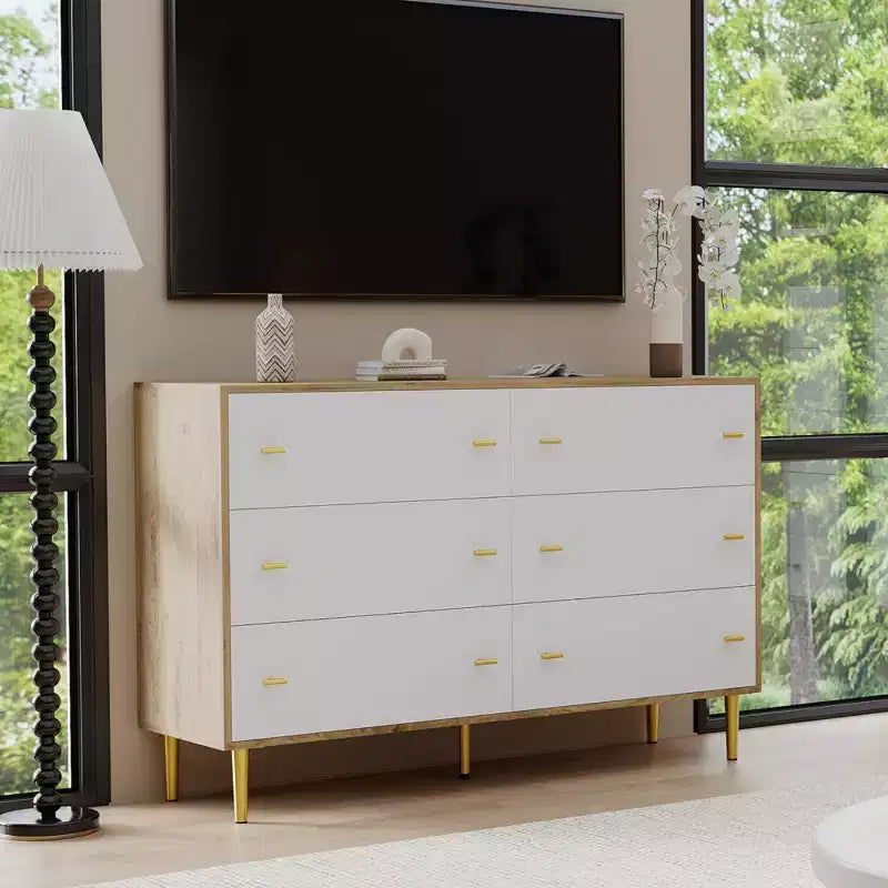 Commode à 6 tiroirs pour chambre à coucher, commode en bois de 120 cm de large avec poignées à barre, organisateur de rangement pour vêtements, meuble TV pour salon
