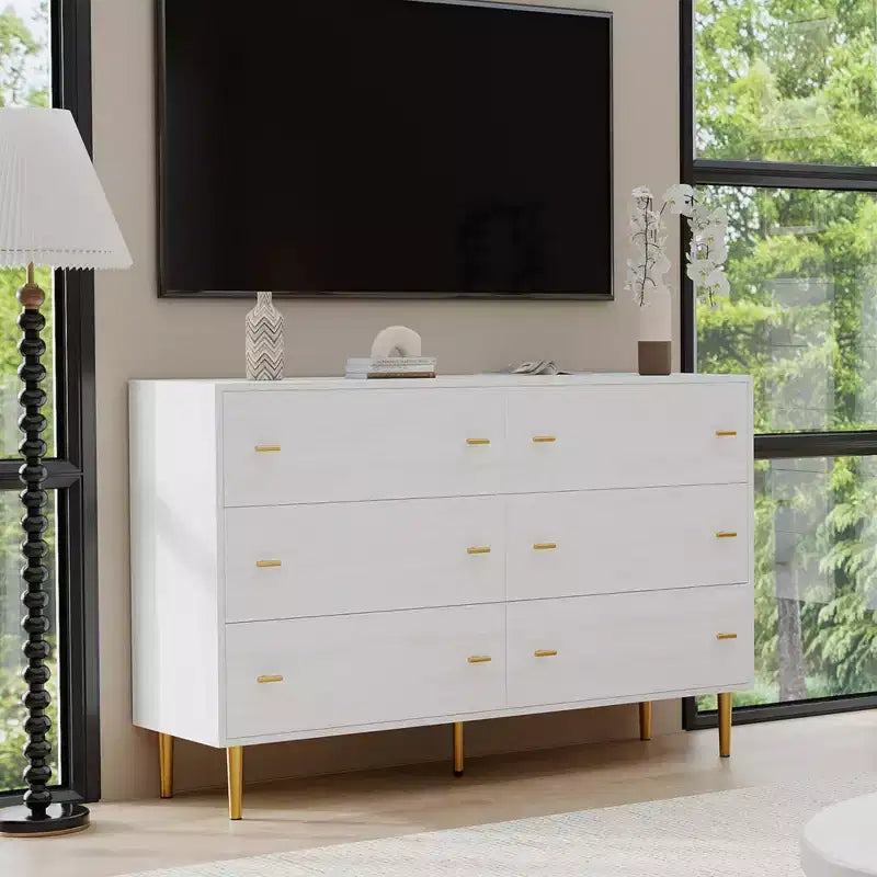 Commode à 6 tiroirs pour chambre à coucher, commode en bois de 120 cm de large avec poignées à barre, organisateur de rangement pour vêtements, meuble TV pour salon