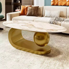 Table basse ovale de style Mid-Century ModernPlateau en pierre frittée à motif marbre, piètement en acier inoxydable doré, table d'appoint pour salon