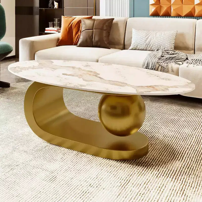 Table basse ovale de style Mid-Century ModernPlateau en pierre frittée à motif marbre, piètement en acier inoxydable doré, table d'appoint pour salon