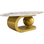 Table basse ovale de style Mid-Century ModernPlateau en pierre frittée à motif marbre, piètement en acier inoxydable doré, table d'appoint pour salon