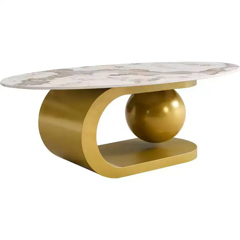 Table basse ovale de style Mid-Century ModernPlateau en pierre frittée à motif marbre, piètement en acier inoxydable doré, table d'appoint pour salon