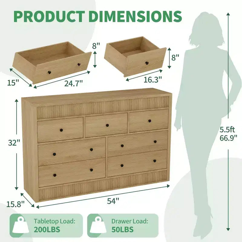 Commode à 6/7 tiroirs pour chambre à coucher, commode en bois cannelé, organiseur de rangement moderne en chêne pour salon, couloir, entrée
