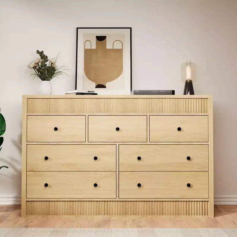 Commode à 6/7 tiroirs pour chambre à coucher, commode en bois cannelé, organiseur de rangement moderne en chêne pour salon, couloir, entrée
