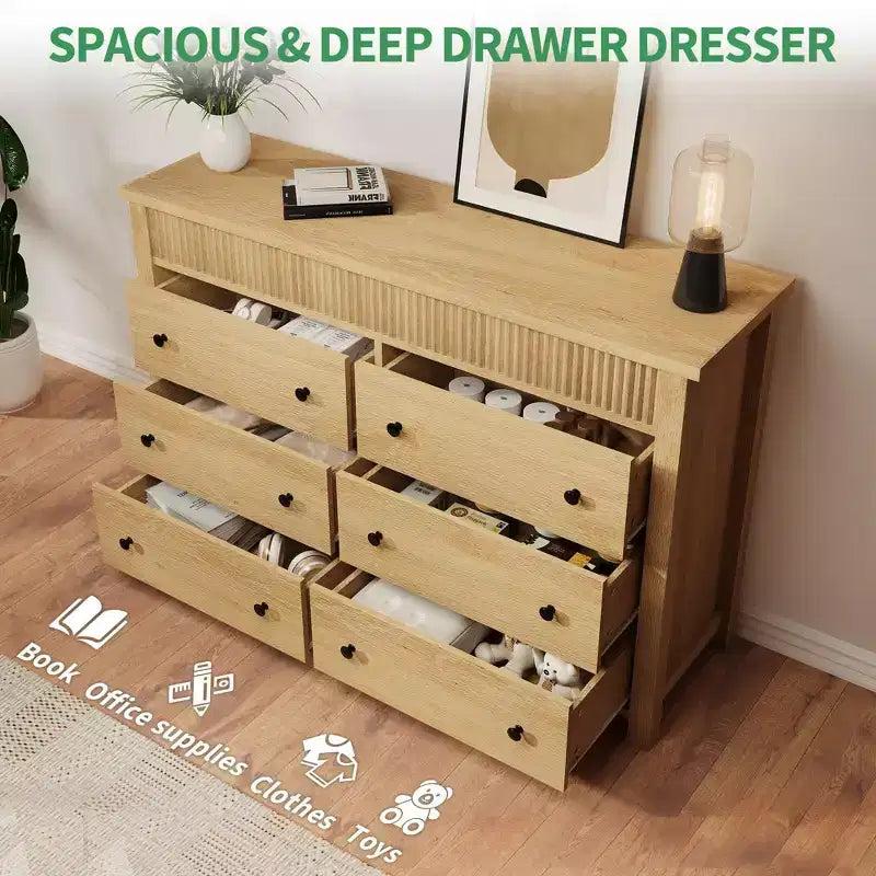Commode à 6/7 tiroirs pour chambre à coucher, commode en bois cannelé, organiseur de rangement moderne en chêne pour salon, couloir, entrée