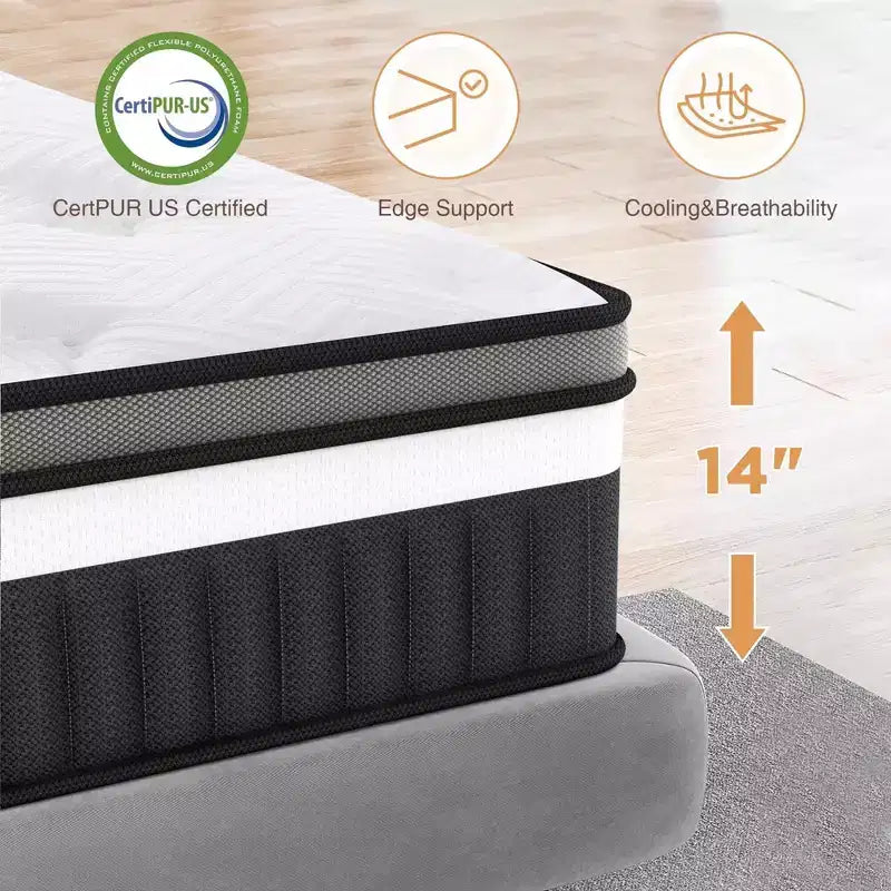 Matelas King Size, matelas King de 35 cm dans une boîte, mousse à mémoire de forme au gel rafraîchissant et ressorts ensachés, lit mi-ferme, isolation des mouvements, certifié CertiPUR-US
