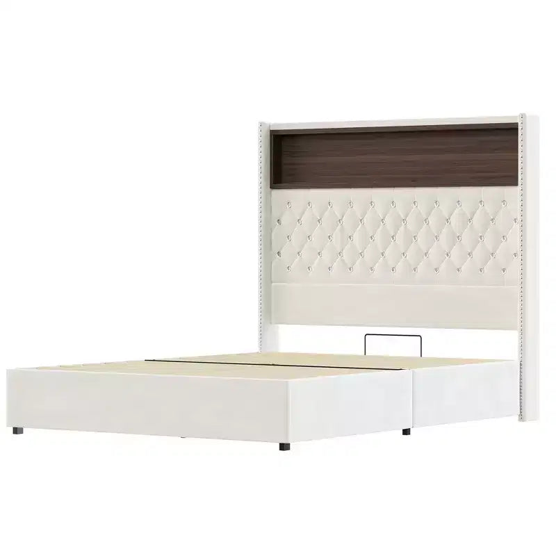 Cadre de lit capitonné en velours Whisen Queen Size, lit plateforme à oreilles, tête de lit haute de 52 pouces avec décoration rivetée, étagère de tête de lit