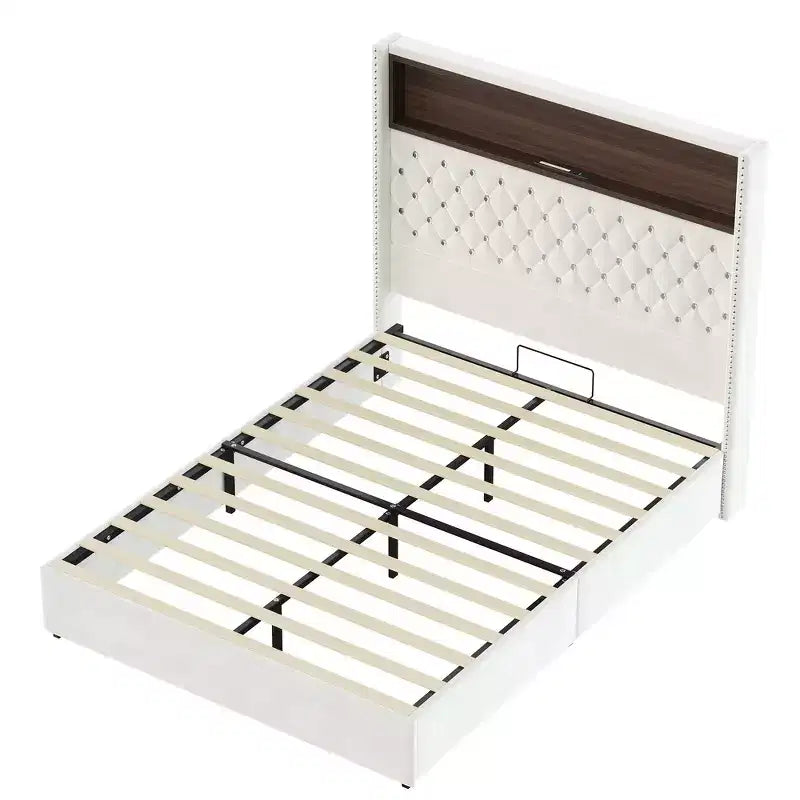 Cadre de lit capitonné en velours Whisen Queen Size, lit plateforme à oreilles, tête de lit haute de 52 pouces avec décoration rivetée, étagère de tête de lit