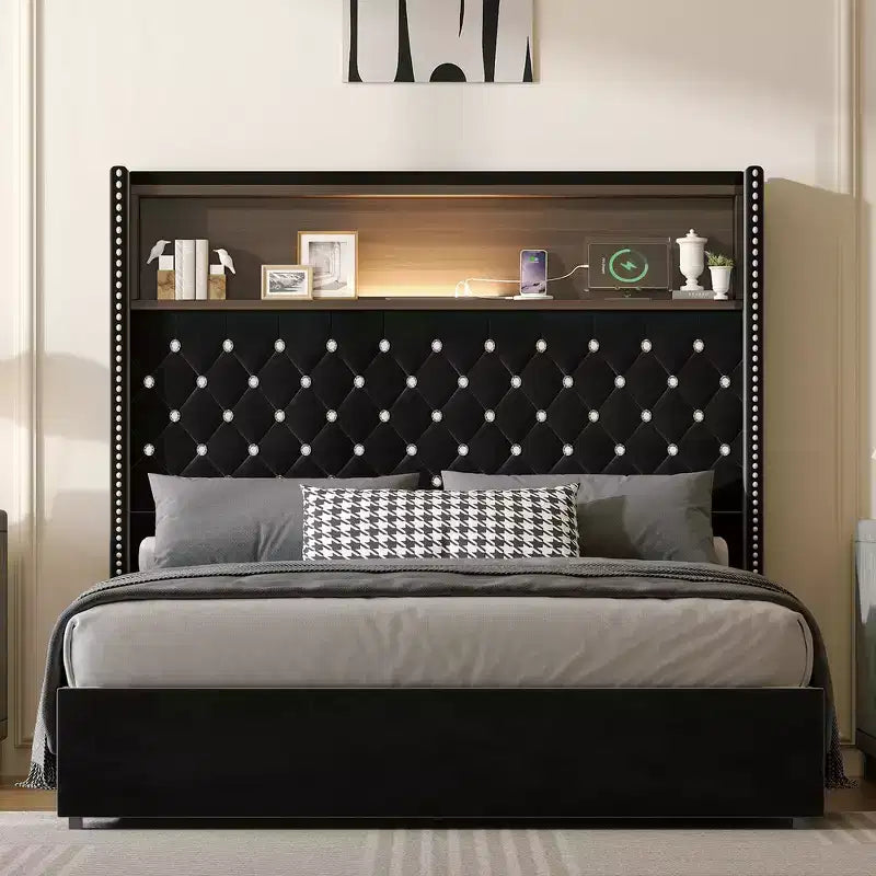 Cadre de lit capitonné en velours Whisen Queen Size, lit plateforme à oreilles, tête de lit haute de 52 pouces avec décoration rivetée, étagère de tête de lit