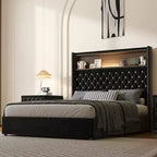 Cadre de lit capitonné en velours Whisen Queen Size, lit plateforme à oreilles, tête de lit haute de 52 pouces avec décoration rivetée, étagère de tête de lit