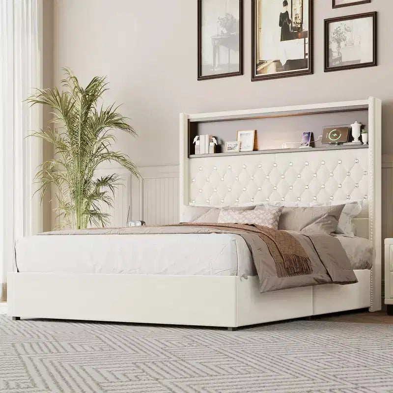 Cadre de lit capitonné en velours Whisen Queen Size, lit plateforme à oreilles, tête de lit haute de 52 pouces avec décoration rivetée, étagère de tête de lit