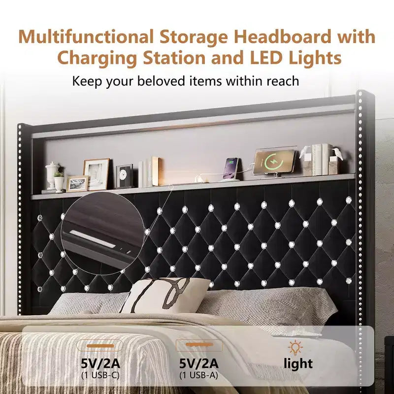 Cadre de lit capitonné en velours Whisen Queen Size, lit plateforme à oreilles, tête de lit haute de 52 pouces avec décoration rivetée, étagère de tête de lit