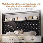 Cadre de lit capitonné en velours Whisen Queen Size, lit plateforme à oreilles, tête de lit haute de 52 pouces avec décoration rivetée, étagère de tête de lit