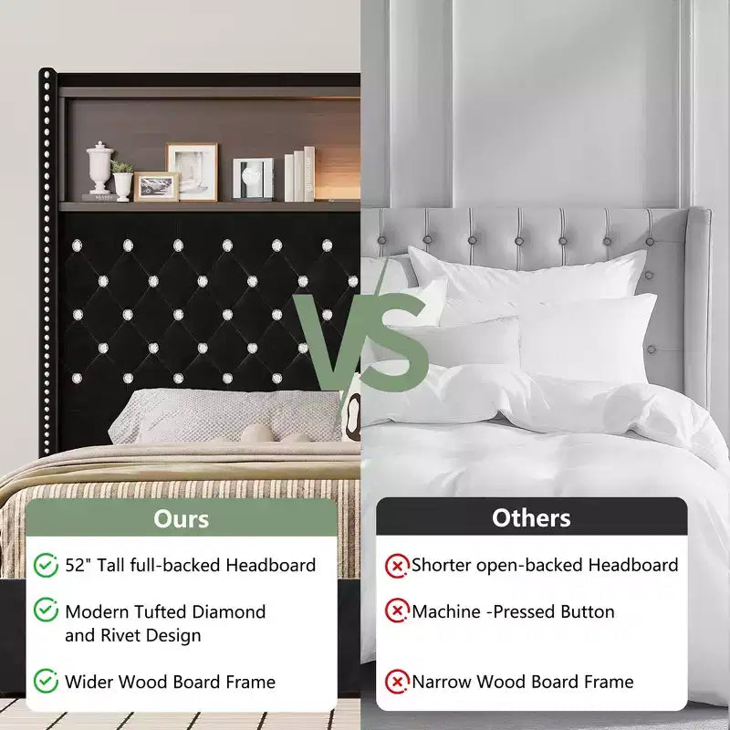 Cadre de lit capitonné en velours Whisen Queen Size, lit plateforme à oreilles, tête de lit haute de 52 pouces avec décoration rivetée, étagère de tête de lit