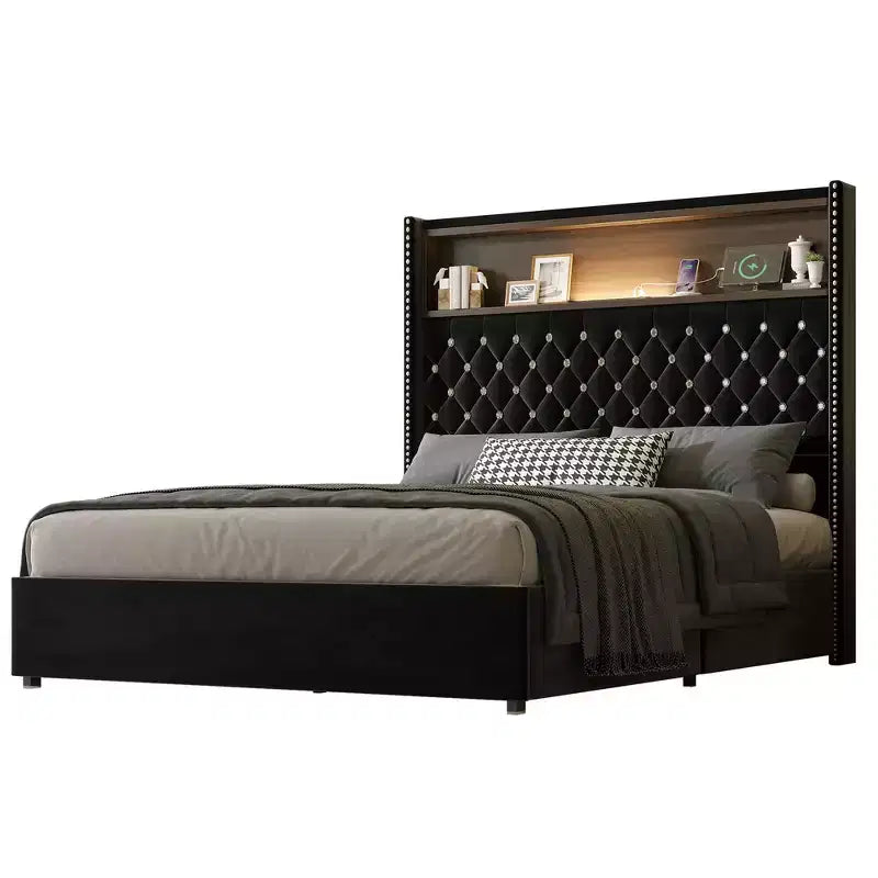 Cadre de lit capitonné en velours Whisen Queen Size, lit plateforme à oreilles, tête de lit haute de 52 pouces avec décoration rivetée, étagère de tête de lit