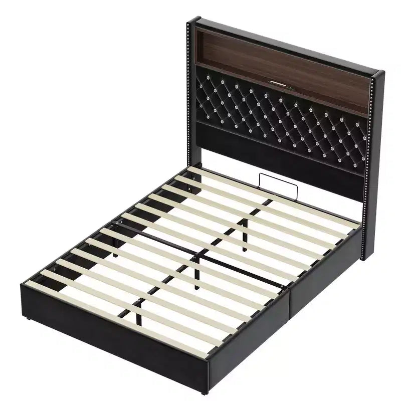 Cadre de lit capitonné en velours Whisen Queen Size, lit plateforme à oreilles, tête de lit haute de 52 pouces avec décoration rivetée, étagère de tête de lit