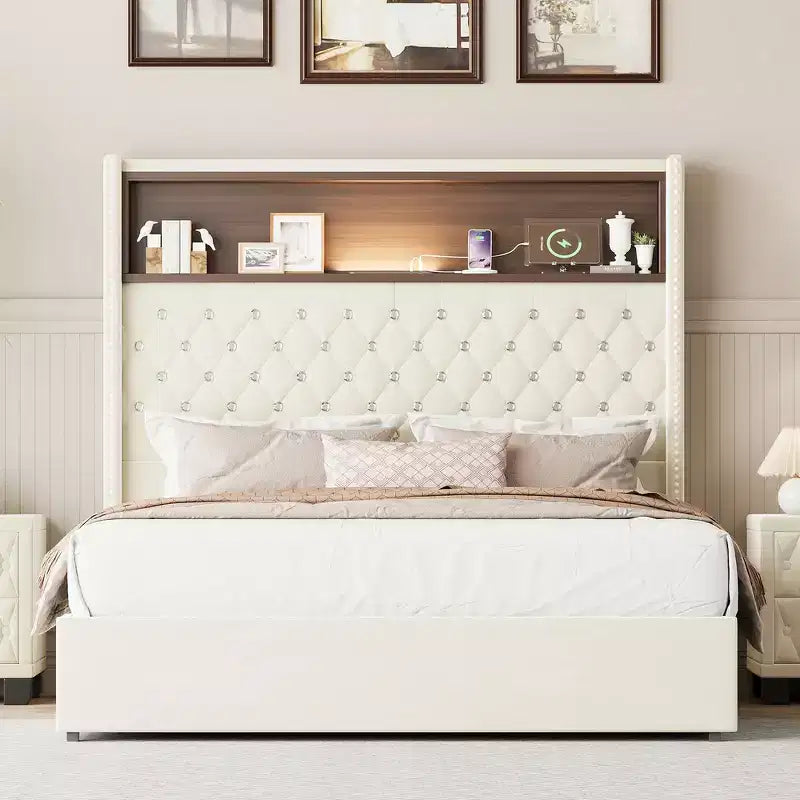 Cadre de lit capitonné en velours Whisen Queen Size, lit plateforme à oreilles, tête de lit haute de 52 pouces avec décoration rivetée, étagère de tête de lit