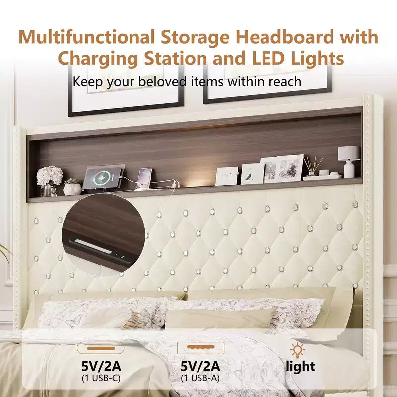 Cadre de lit capitonné en velours Whisen Queen Size, lit plateforme à oreilles, tête de lit haute de 52 pouces avec décoration rivetée, étagère de tête de lit