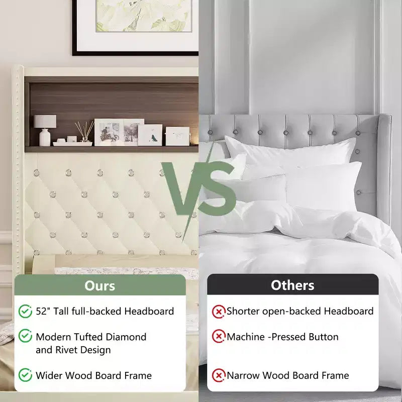 Cadre de lit capitonné en velours Whisen Queen Size, lit plateforme à oreilles, tête de lit haute de 52 pouces avec décoration rivetée, étagère de tête de lit