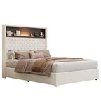 Cadre de lit capitonné en velours Whisen Queen Size, lit plateforme à oreilles, tête de lit haute de 52 pouces avec décoration rivetée, étagère de tête de lit