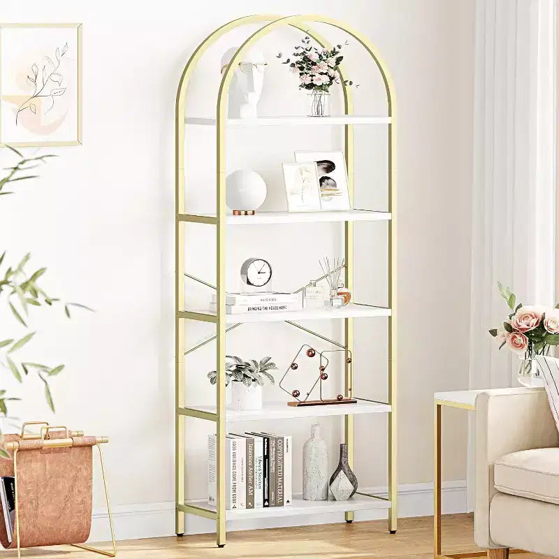 2 packs 5-Tier Arched Bookshelf with Metal Frame, Tall Standing Display Storage Rack for Bedroom Living Room Home Office, White & Gold