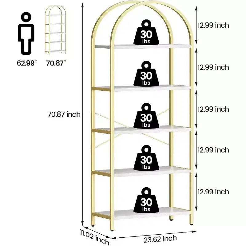 2 bibliothèques à 5 niveaux cintrées avec cadre en métal, étagère de rangement verticale haute pour chambre, salon, bureau à domicile, blanc et or