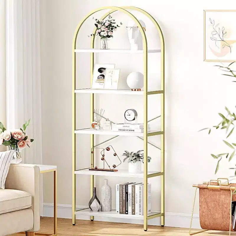 2 bibliothèques à 5 niveaux cintrées avec cadre en métal, étagère de rangement verticale haute pour chambre, salon, bureau à domicile, blanc et or