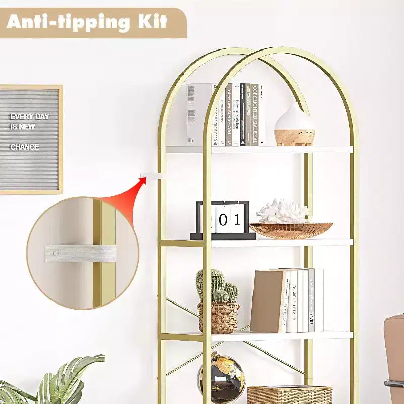 2 bibliothèques à 5 niveaux cintrées avec cadre en métal, étagère de rangement verticale haute pour chambre, salon, bureau à domicile, blanc et or
