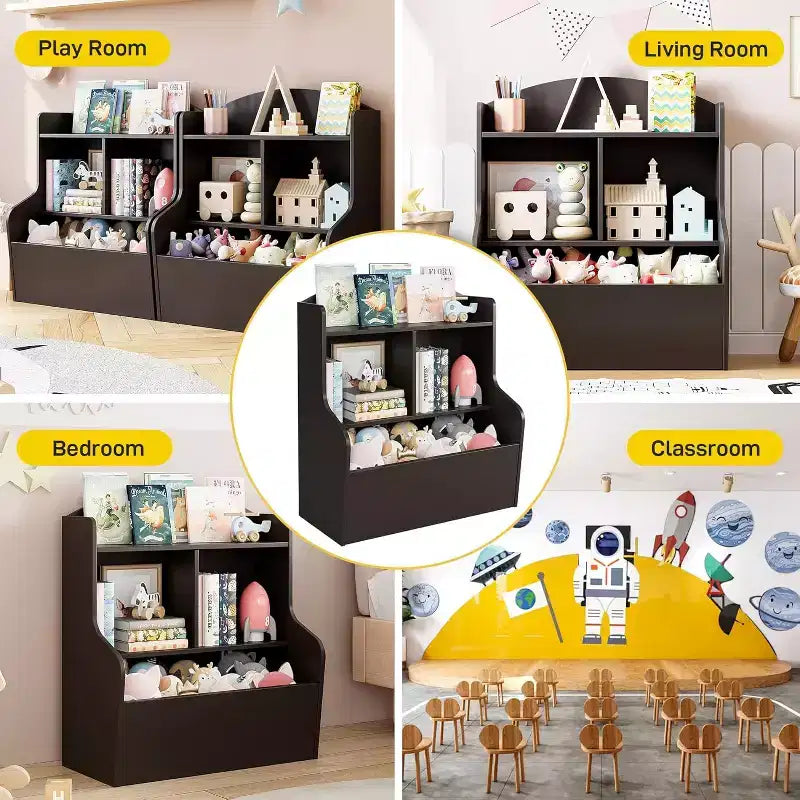 Meuble de rangement pour jouets et étagère à livres à 3 niveaux avec casiers, organisateur multi-étagères pour salle de jeux, chambre d'enfant, couloir, maternelle, marron foncé