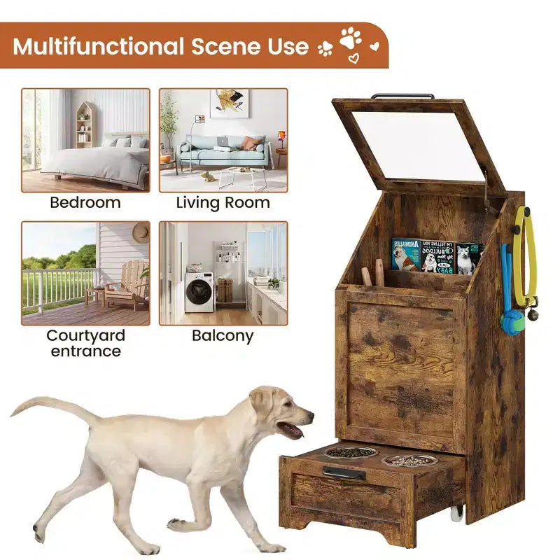 Station d'alimentation pour chien avec 2 gamelles surélevées, meuble de rangement pour aliments pour animaux, meuble de rangement pour croquettes avec couvercle à charnière, grand organisateur de jouets pour animaux avec 3 crochets