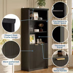 Bibliothèque haute de 71 po avec portes cannelées, étagères de présentation à 5 niveaux avec armoire de rangement et étagère réglable, bibliothèques modernes du milieu du siècle