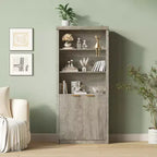 Bibliothèque haute de 71 po avec portes cannelées, étagères de présentation à 5 niveaux avec armoire de rangement et étagère réglable, bibliothèques modernes du milieu du siècle