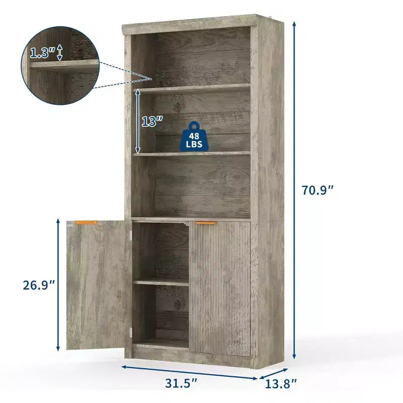Bibliothèque haute de 71 po avec portes cannelées, étagères de présentation à 5 niveaux avec armoire de rangement et étagère réglable, bibliothèques modernes du milieu du siècle