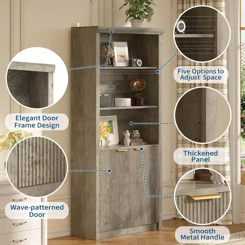 Bibliothèque haute de 71 po avec portes cannelées, étagères de présentation à 5 niveaux avec armoire de rangement et étagère réglable, bibliothèques modernes du milieu du siècle