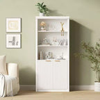 Bibliothèque haute de 71 po avec portes cannelées, étagères de présentation à 5 niveaux avec armoire de rangement et étagère réglable, bibliothèques modernes du milieu du siècle