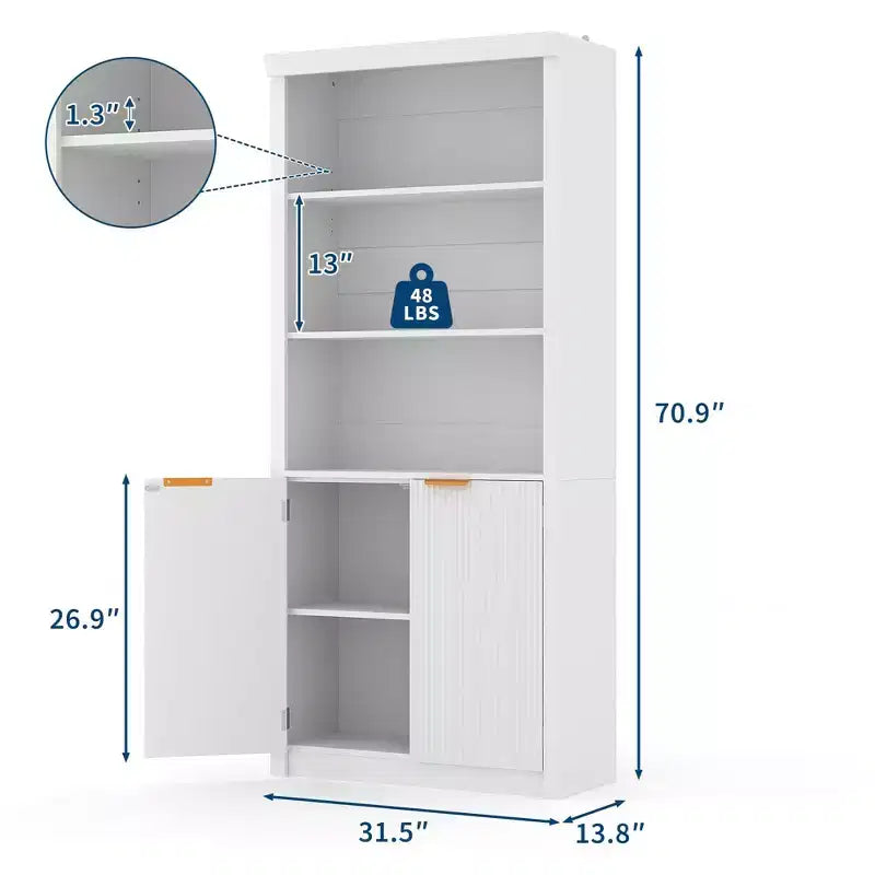 Bibliothèque haute de 71 po avec portes cannelées, étagères de présentation à 5 niveaux avec armoire de rangement et étagère réglable, bibliothèques modernes du milieu du siècle
