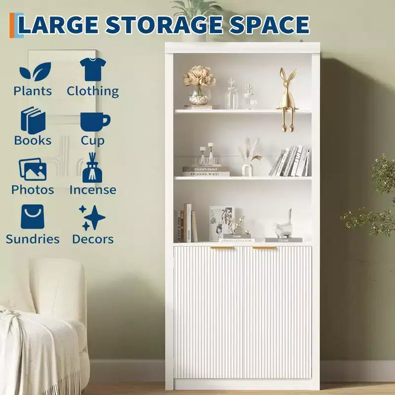 Bibliothèque haute de 71 po avec portes cannelées, étagères de présentation à 5 niveaux avec armoire de rangement et étagère réglable, bibliothèques modernes du milieu du siècle